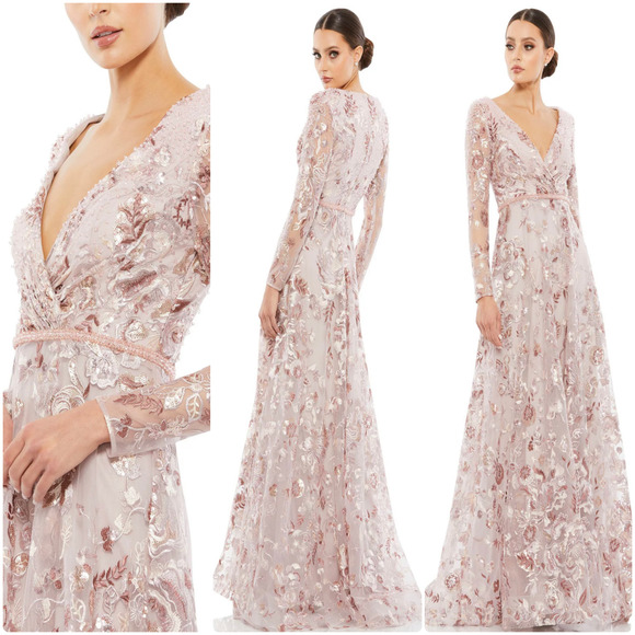 Mac Duggal Embellished V Neck Illusion Maxi Gown Dress size 16 rose 67869 UB - Picture 1 of 6